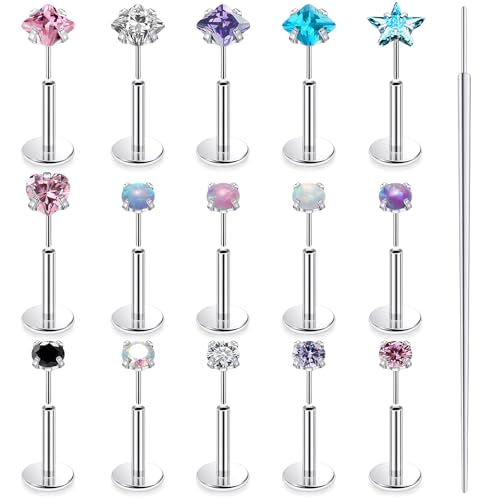 Lsnevsie 18G Threadless Nose Rings Studs Flat Back Earrings Studs Surgical Stainless Steel Opal Heart CZ Nose Rings Stud Tragus Helix Conch Cartilage Earrings Piercing Jewelry For Women Men 7MM Bar