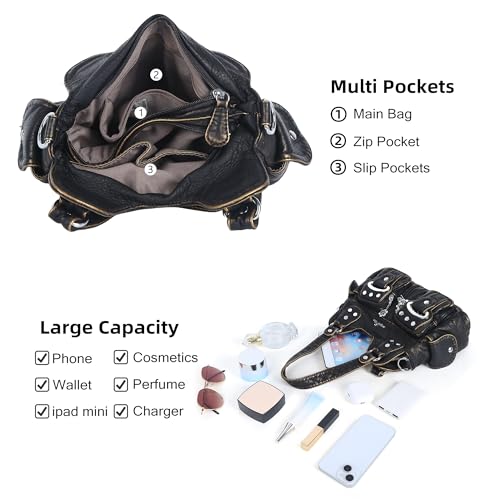 Image of Angel Kiss Small Hobo Purses for Women, Washed Vegan Leather Multi-Pocket Purse, Shoulder Handbag with Adjustable Strap