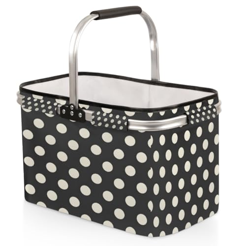 Tablerazzi Polka Dot Black White Folding Picnic Basket Large Reusable Shopping Basket Collapsible Grocery Bag with Handle Aluminum Frame Market Basket