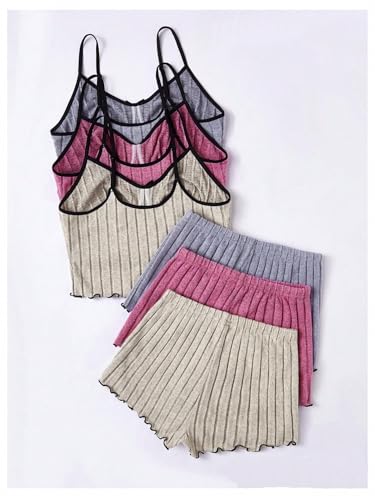 Women's 3 Pack Ribbed Pajamas Set Lettuce Trim Sleeveless Cami Crop Top and Shorts Lounge Set Sleepwear Loungewear2