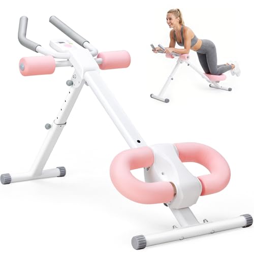 DUMOS Ab Workout Equipment for Home Gym Exercise Machine Abs Trainer Full Body Fitness System Adjustable for Abdominal Stomach Training LCD Display Knee Protection White&Pink