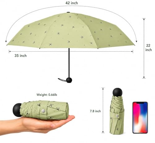 Image of Mini Umbrella with Case for Men & Women (Manual Open) Compact Travelling Pocket Umbrella, Polyester & UV Protect Fabric for Summer /Anti-Slip Handle- Use in Rain & Summer (Green-Print)