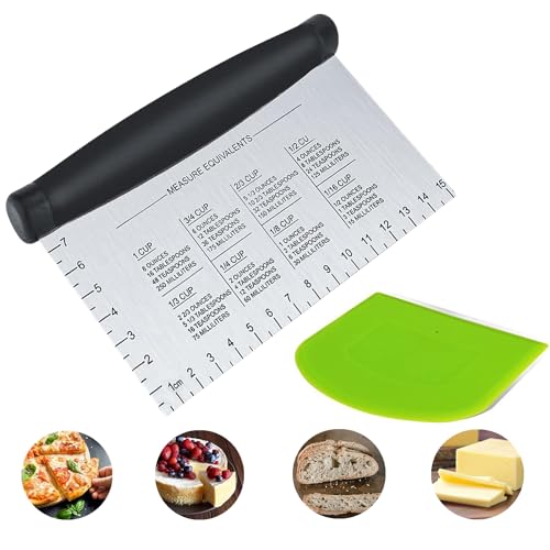 Dough Scraper Set of (1+1), Stainless Steel Bench Scraper Chopper with Handle and Measuring Scale, Kitchen Bread Making Tool for Perfect Cuts, Best as Pizza and Dough Cutter