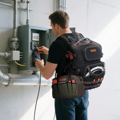Image of WELKINLAND 60-Pocket Electrician Backpack & Tool Bag Set, Tool Bag Backpack | Full-Open Tool Backpack For Men, Heavy-Duty Tool Back Pack, Wax Canvas Tool Backpack HVAC, Handy Back Pack Tool Bags For Men