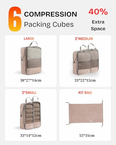 Image of USUAL Compression Packing Cubes for Travel Set of 6, Travel Organizer Pouches for Clothes, Luggage Organizer & Suitcase Storage Bags with Shoe Bag, Toiletry Pouch, Packing Cube Set, Beige