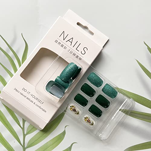 24Pcs Green Press On Nails Square Fake Nails Medium Length False Nails With Rhinestone Designs Full Cover Glossy Acrylic Nails Glitter Artificial Fake Nails For Women Spring Summer Nail Decoration #TOP3