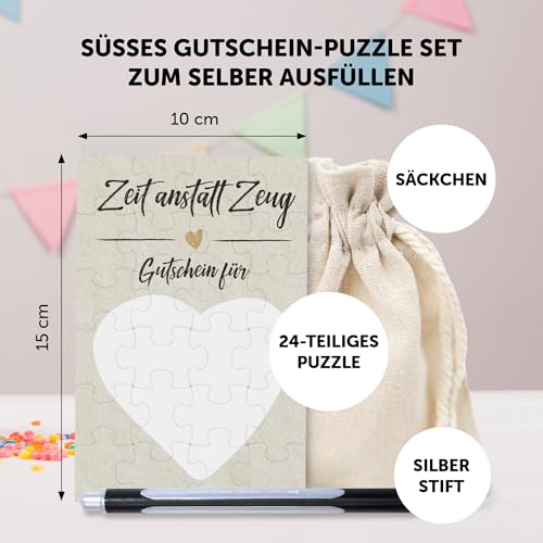 Creatastic - Gutschein Weihnachten Puzzle mit Säckchen mit Stift, 24-teilig, Zeit statt Zeug Gutschein zum selber ausfüllen, Zeit schenken Puzzle mit Überraschungseffekt