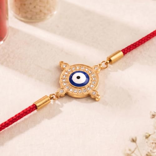Image of PALMONAS Demifine 18K Gold Plated Evil Eye Rakhi for Brother - Waterproof & Anti-Tarnish Designer Rakhi for Men | Premium Raksha Bandhan Rakhee with Roli Chawal