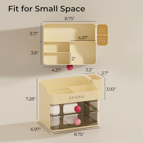 Image of UFORU Makeup Organizer for Vanity with Brush Holder, Countertop Skincare Organizer with 2 Drawers, Spacious Cosmetic Display Case for Perfumes, Eyeshadow Palettes, Nail Polishes