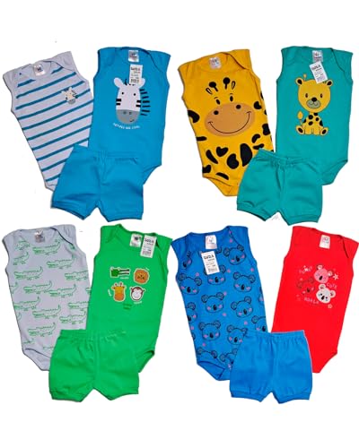 Kit Roupa De Bebe 12 Peças Body Manga Regata Estampado e Shorts Algodão (G, Menino)