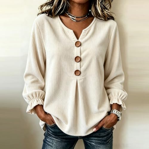 Women's Fall Corduroy Tops Long Sleeve Split V Neck Button Up Blouses White - image 2