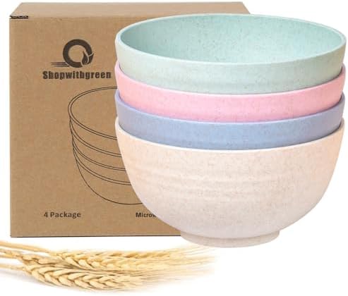 shopwithgreen Wheat Straw Cereal Bowls, Reusable Bowls for Kitchen, Plastic Bowl Set of 4, Microwave and Dishwasher Safe Bowls for Soup, Salad, Oatmeal, Ramen, Camping, Kids, College Dorm Room, 26OZ