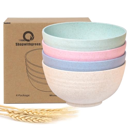 shopwithgreen Wheat Straw Cereal Bowls, Reusable Bowls for Kitchen, Plastic Bowl Set of 4, Microwave and Dishwasher Safe Bowls for Soup, Salad, Oatmeal, Ramen, Camping, Kids, College Dorm Room, 26OZ