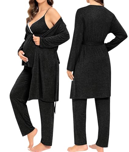 Image of SWOMOG Maternity Nursing Robe Set 3 Piece Breastfeeding Pajamas 3 in 1 Labor Delivery Sleevless Tops&Long Pants Pregnancy Pjs