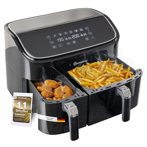 Sommertal HF DUAL 900, Heißluftfritteuse Doppelkammer 9 Liter, Airfryer mit 2 Körben, 2850 Watt, mit Dörrfunktion, Synchronisation, Touch-Display, 6 Programme, spülmaschinenfest, BPA-frei