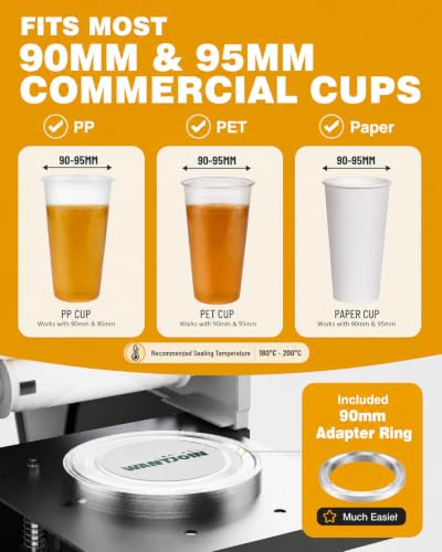 Image of WantJoin Cup Sealing Machine, Semi Automatic Commercial Boba Cup Sealer | Auto film alignment, 2 second sealing, LED temperature control, Fits 90 mm & 95 mm cups Bubble for Tea Coffee Smoothies