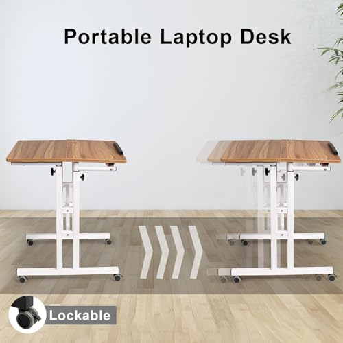 Image of Hadulcet Mobile Standing Desk with Charging Station, Adjustable Standing Computer Desk, Standing Adjustable Laptop Cart with Wheels for Home Office Classroom Vintage Oak