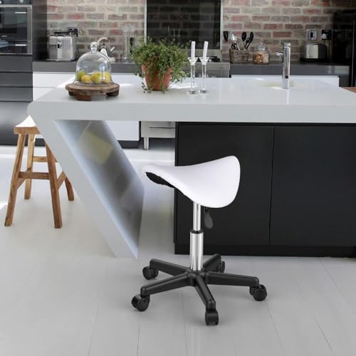 Foto von Yaheetech Sattelhocker, Rollhocker Drehhocker Praxishocker Arbeitshocker Bürohocker, höhenverstellbaren Hocker mit 5 Rollen Weiß