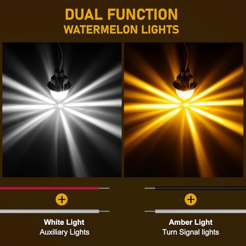10PCS Mini Watermelon Lights, 3/4 Inch Dual Revolution Amber Turn Signal Marker to White Auxiliary LED Watermelon Light, IP65 Waterproof Side Clearance Tail Griller Lights, for 12V Trailers Trucks RV