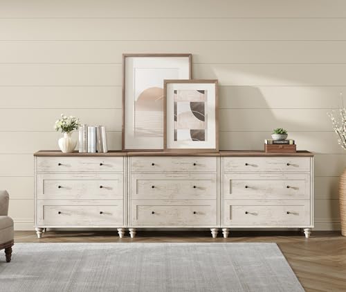 Image of WAMPAT Kids Dresser for Bedroom with 9 Drawers, Baby Dressers with Wide Chest of Drawers, Farmhouse Wooden Closet Storage Organizer, Large Wood Dressers for Living Room, Nursery, Hallway, Rustic White