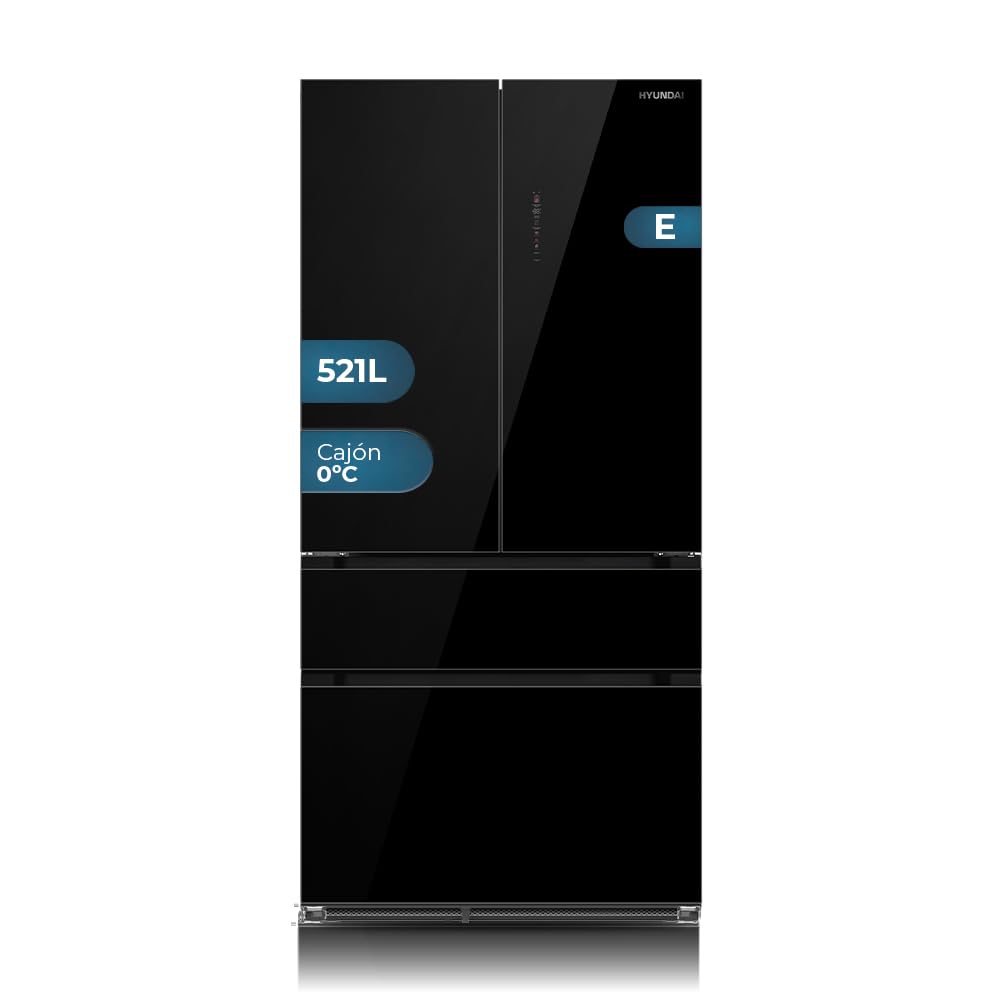 HYUNDAI Frigorífico French Door Cristal Negro, 4 Puertas HFR19090EDCB00, Capacidad 521 Litros, No Frost, Multi Air Flow, 38 dB, Puerta French Door, Apertura Tipo Uñero, Clase E