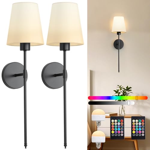 Image of LOUSACE Battery Operated Wall Sconces Set of 2, Black Rechargeable Wall Sconces with Remote Control, 9 Colors Modes, Dimmable Wireless Wall Sconces Decor Set of Two for Bedroom Living Room Hallway