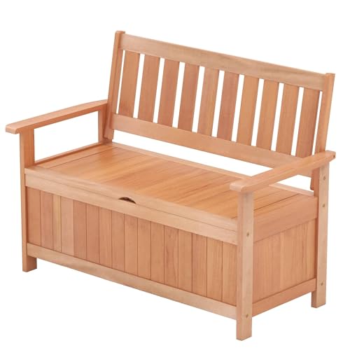 Tangkula 48 Inch Outdoor Wood Storage Bench Deck Box, Wooden Storage Loveseat with 34.2 Gal Inner Space, Entryway Bench Deck Box with Slatted Backrest, Storage Seat for Garden, Lawn, Balcony & Porch