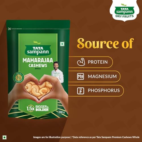 Image of Tata Sampann Maharajaa Cashews /Kaju (Whole), Source of Protein, Magnesium, Phosphorus, Dietary Fibre, Chef Ranveer Brar's Choice, 200g