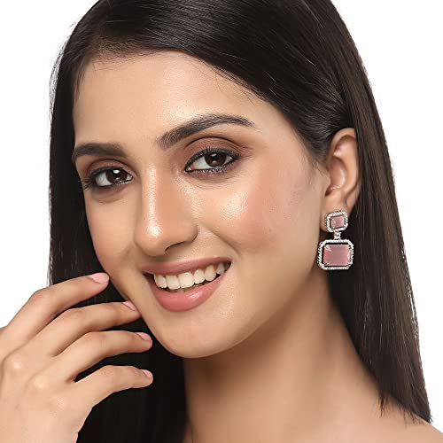 Oxidised Silver-Plated American Diamond Oval Drop Earrings
