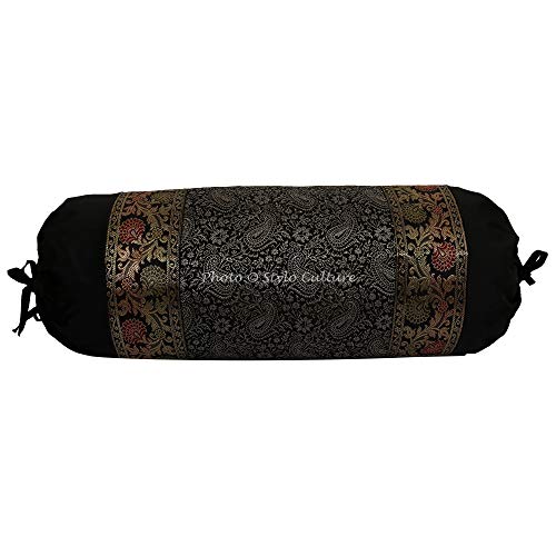 Stylo Culture Indian Polydupion Nackenkissen Runder Kissenbezug aus zylindrischem Rohr Schwarzer Jacquard-Brokat-Rand Paisley Large Diwan Cylinder Cushion Kissenbezug (1 Stück) | 30x15 Zoll (76x38 cm) Cover