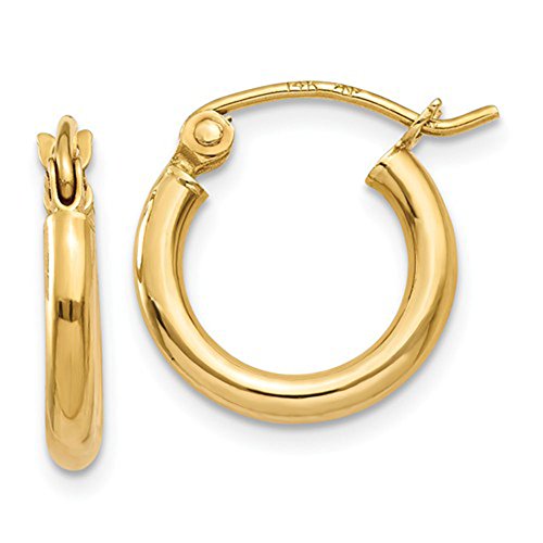 14K Gold Classic Real Hoop Earrings, (2mm Tube)
