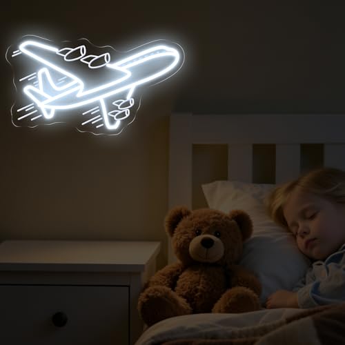 Image of Airplane Neon Sign, Airplane Wall Decor, Air plane Wall Art, Aviation Light Sign, Gift for Kid, Air Plane Wall Decor for Home Bar, 16.5 inchx9.3 inch, White