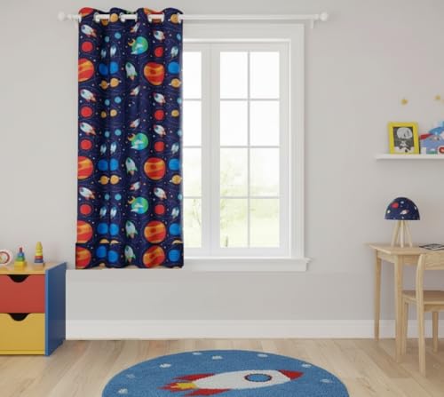 Image of 3D Space Theme Pattern Curtain for Kids Room Curtain 5 feet Set 1 pcs Boys Room Curtain Panel for Play School, Playway Light Filtering Window Panel, 4x5 ft Window Curtain, Blue