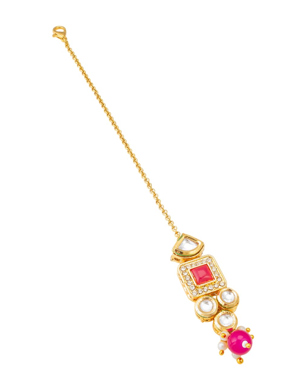 Elegant Women's Copper Kundan,pearl Jewelry Lightweight and Durable Design 1 Mangtikka Wear Weddings and Festive Occasions (MGT6269_Pink)-image-10