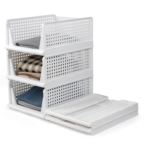 FoiiLiio 3 Pezzi Impilabili Organizer Armadio Cassettiere,43 x 33 x 55cm Pieghevole Organizer Cassetti Armadio,Salvaspazio Tipo di Cassetto Storage Boxes per Bagni,Cucine e Camere da Letto-Bianco