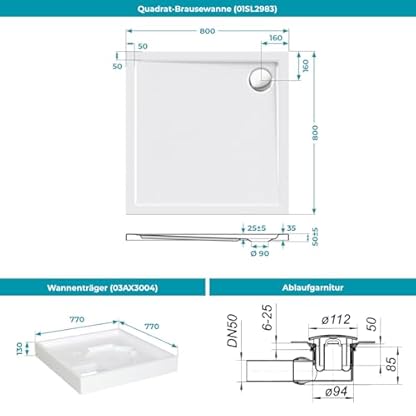 Calmwaters® Duschwannen-Set Modern Select, Flache Acryl-Brausewanne mit Wannenträger und Excenter-Ablaufgarnitur, 80 x 80 x 2,5 cm, Komplettset Acrylwanne, Bodengleicher Einbau, Weiß, 99000119 – Bild 7