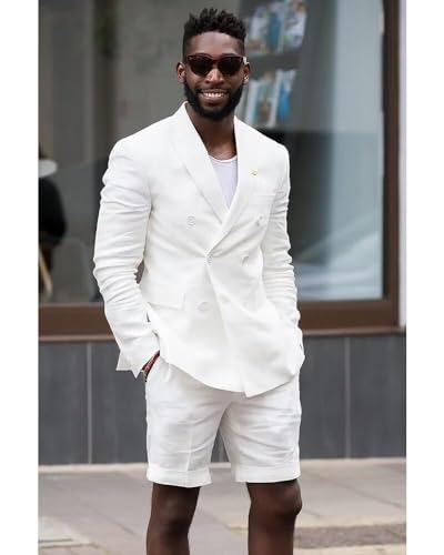 Men's Linen 2 Piece Suit Slim Fit Shorts Suit for Men Summer Casual Lightweight Beach Wedding Tuxedo Groomsmen Suits3