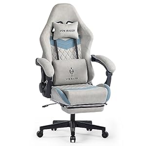 VON RACER Gaming Stuhl mit Fußstütze Gaming Stuhl Stoff Bürostuhl mit Lendenwirbelstütze Ergonomischer Gaming Sessel Gaming Stuhl 150 kg Belastbarkeit Gamer Stuhl Verstellbare Armlehne, Grau