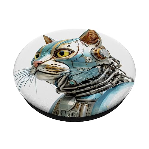 Retro Cyborg Robot Space Cat XVIII PopSockets Swappable PopGrip, Black - Image 2