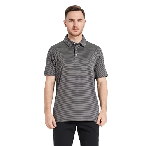 Image of Mens Golf Shirt Moisture Wicking Dry Fit Performance Sport Short Sleeve Striped Golf Polo Shirts for Men