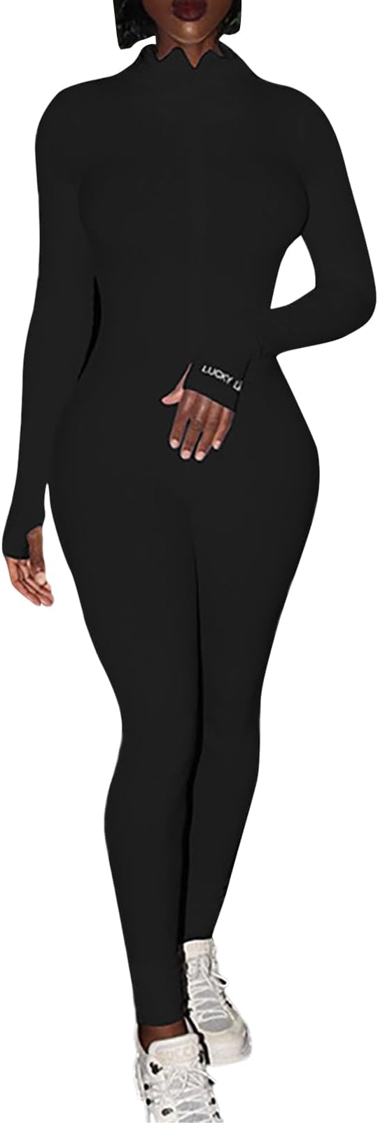 ECHOINEWomens One Piece Bodycon Jumpsuit -Sexy Long Sleeve High Waist Embroidery Zipper Romper Clubwear