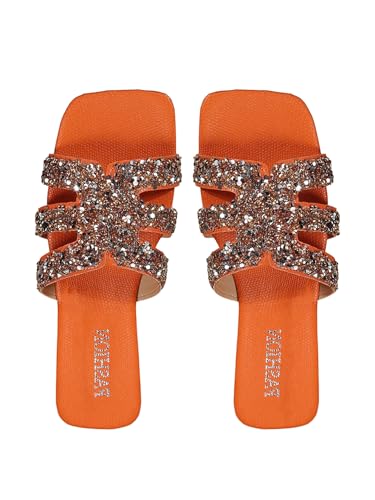 GORGLITTER Women's Orange Shoes Square Toe Flat Sandals Sparkly H Band Slide Sandals Beach Vacation Wedding Sandals