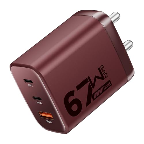 Image of boAt 67W GaN laptop Charger, Ultra-Fast Triple Port Fast Charge, Compact & Lightweight,Supports iPhone, ipad, Android, Laptops, Macbooks,HP, Dell, Lenovo, Asus, Tablet (For 65W charging) (Monarch Red)