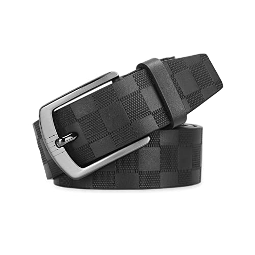 Mens Leather Belt Checkerboard Embossed Pin Buckle Genuine Leather Adjustable Wide Belt For Jeans Pants Suits