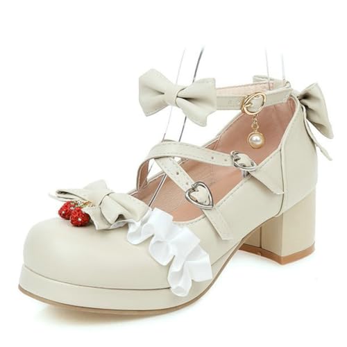 Kawaii Mary Jane Heels for Women Round Toe Low Block Heel Cross Ankle Strap Bow Lace Cute Dressy Pumps for Cosplay Wedding Prom Shoes