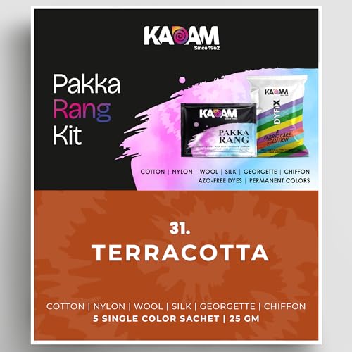Image of Kadam Pakka Rang Fabric Dye Colour | Terracotta | 25g Pack | Includes DyFix Color Fixer | Permanent Fabric Dyes for Old Faded Jeans and Clothes