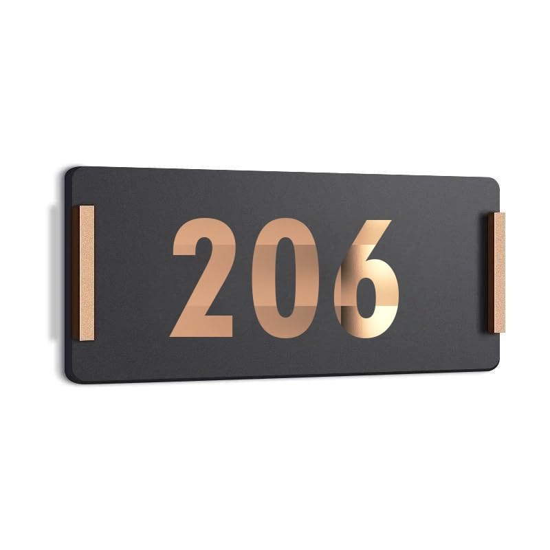Image of HOTEL ROOM NUMBER PLATES - 206| Black acrylic board fixed mirror gold number | Easy installation type double sided tape fixed on backside