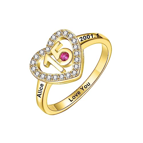 10k 14k 18k Gold Sweet 16 Rings Personalized Sixteen 15th Birthstone Ring Real Sold Gold Name Engraving Ring Birthday Jewelry for Daughter Sister