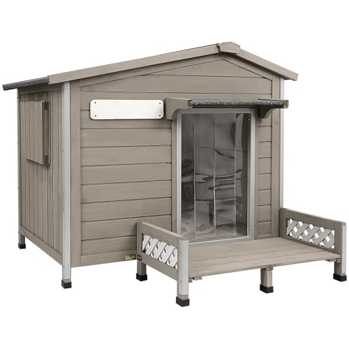 Dog House Outdoor Wooden Dog Kennel Outdoor Weatherproof Chew-Proof Iron Frame, Removable Floor and Adjustable Window for Large Dogs(Gray, 34.6" L x 2
