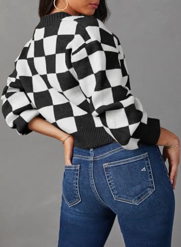 Dokotoo Womens Checkered V Neck Button Down Long Sleeve Cable Knit Cropped Cardigan Sweaters Tops4